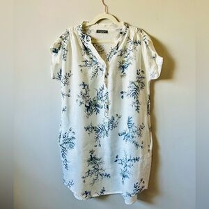 Floral White and Blue Linen Mini Tunic Dress